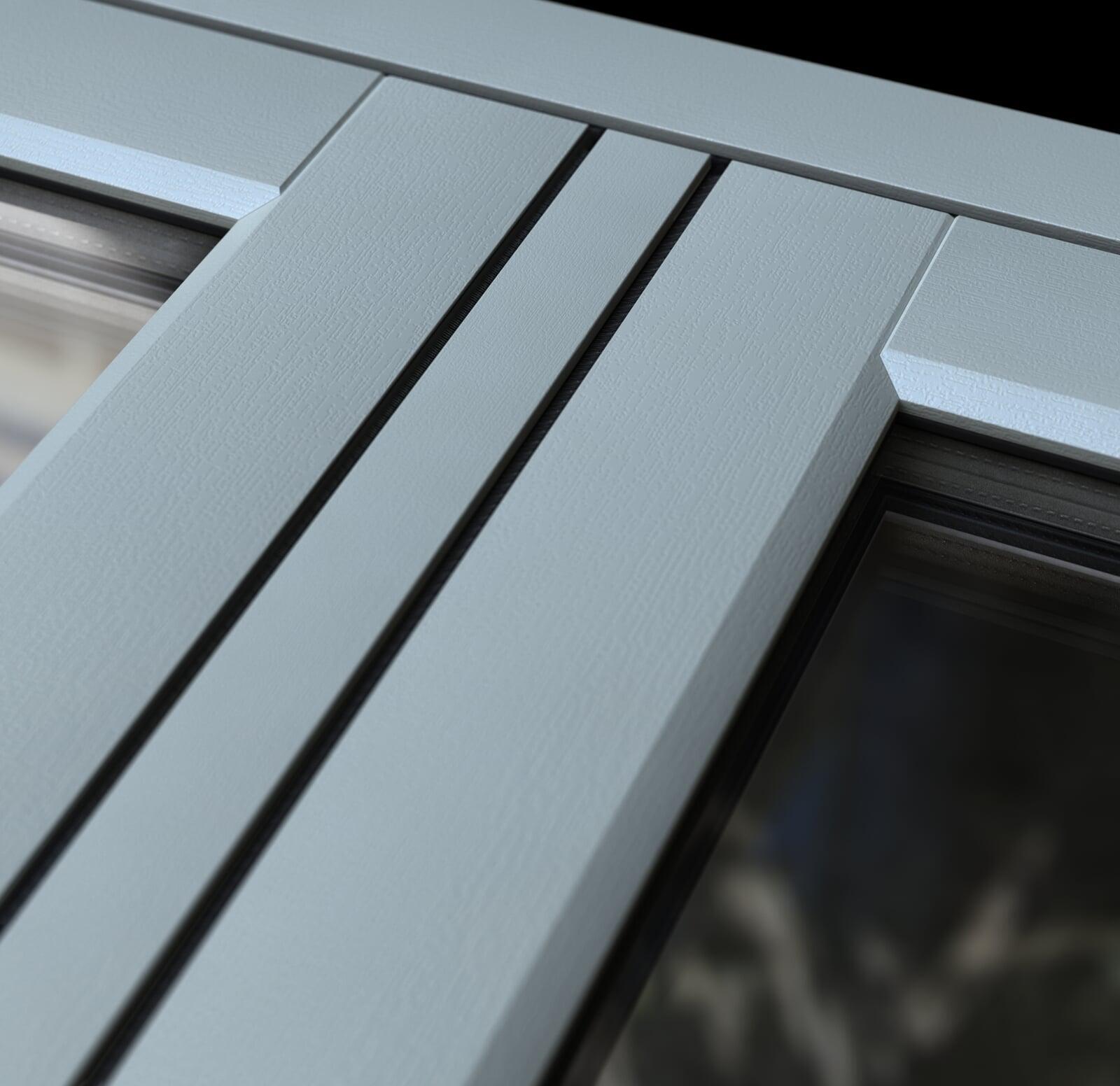 Close up detail of timber alternative flush casement PVC window  with timber look joints