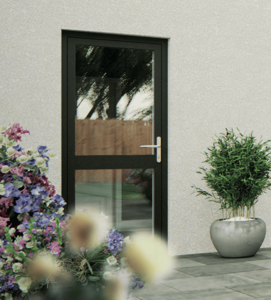 Flush aluminium back door with flowers in the foreground