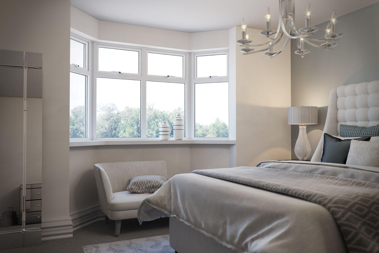 White flush casement window installed in bedroom bay providing natural light